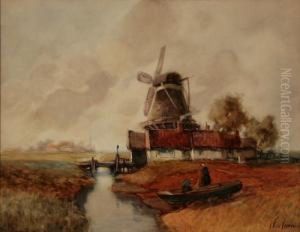Dutch Estuary With Windmill