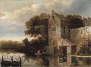 A River Landscape With Fishermen In A Rowing Boat, A Farmhousenearby