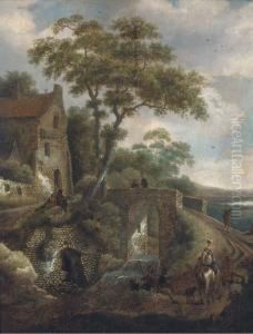 A Wooded River Landscape With Travellers By A Bridge by Michiel van Vries