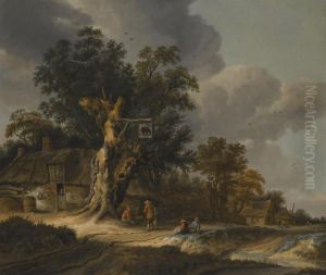 Landscape With Figures Outside A Wayside Inn by Roelof van Vries