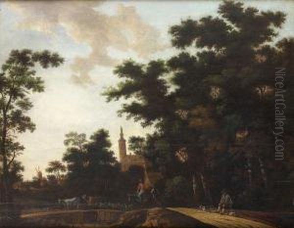 Promeneur Et Bergers Sur Un Chemin Dans Une Foret - view 1