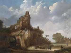Travellers In A Landscape With Castle Ruins And A Watermill by Roelof van Vries