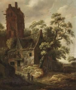 Figures Travelling On A Path Near A Cottage, A Ruined Towerbeyond
