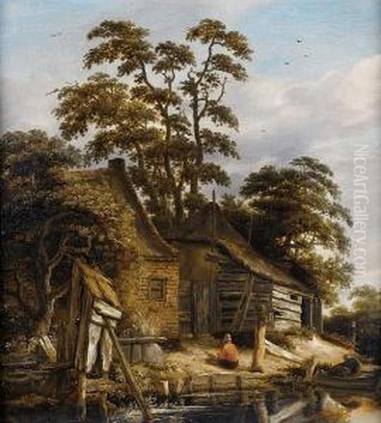A Wooded River Landscape With A Figure Seatedbefore A Cottage - view 1