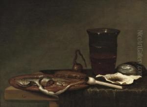 A Glass Of Beer, A Pipe With Tobacco And A Sliced Herring, All On Apartially Draped Table by Gerrit Van Vucht