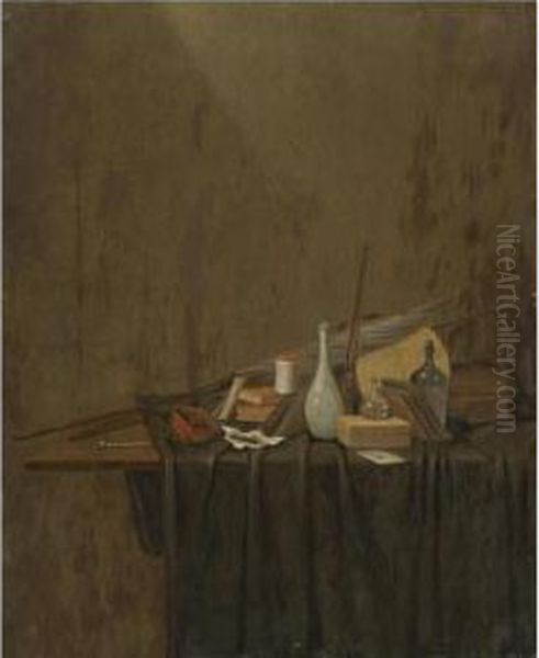 A Still Life With A Pipe, Burning Embers, Tobacco, Books, A Letter, Two Flags, A Jar, A Ceramic Vase, A Glass Decanter, A Glass Bottle, A Letter Opener, All On A Partly Draped Table - view 1