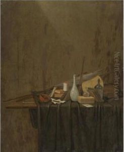 A Still Life With A Pipe, Burning Embers, Tobacco, Books, A Letter, Two Flags, A Jar, A Ceramic Vase, A Glass Decanter, A Glass Bottle, A Letter Opener, All On A Partly Draped Table by Gerrit Van Vucht