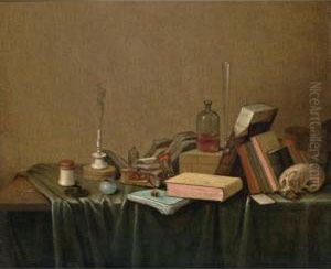A Vanitas Still Life Of Books, A Candlestick, An Ink Well, An Hour-glass, A Glass Bottle, A Flute, A Skull And Other Objects, All On A Table Draped With A Green Cloth by Gerrit Van Vucht