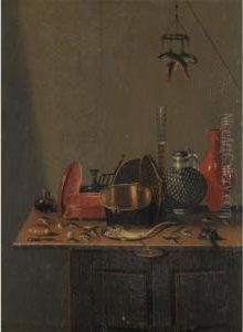 Still Life With Fish, Pots And Flagons Together On A Wooden Cupboard by Gerrit Van Vucht