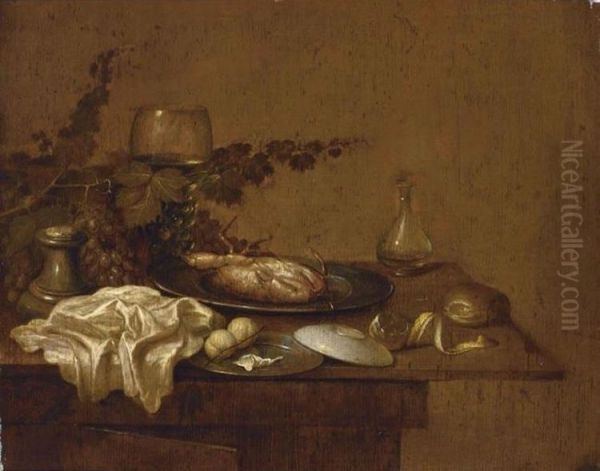 A Still Life With A Crab On A Pewter Plate, A Roemer, A Salt Cellar, A White Cloth, Peaches, A Peeled Lemon, A Bun And Grapes, All On A Wooden Table - view 1