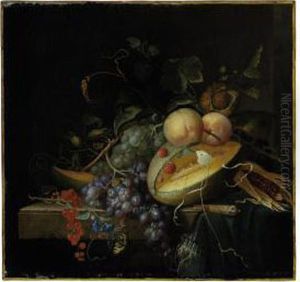 A Melon, Nuts And Corn On A Stone Ledge With Butterflies