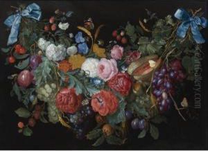 A Garland Of Flowers And Fruit Bound Together At The Ends With Blueribbon And Hanging From Two Nails. by Jacob van Walscapelle