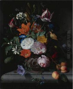 A Still Life Of Flowers And A Branch Of Peaches In A Sculpted Vase, Standing On A Ledge