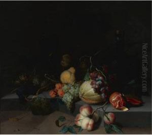 Grapes, Pears, A Melon And A Pomegranate On A Stone Ledge, With A by Jacob van Walscapelle