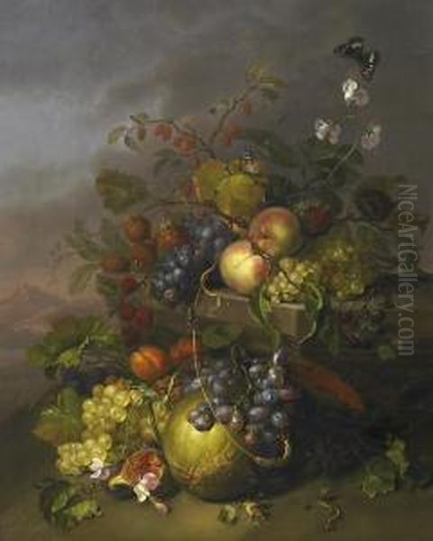Still Life With Several Fruits As Well As Butterflies And A Lizard, In Front Of A Landscape by Jacob van Walscapelle