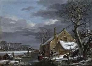 Figures Conversing On A Frozen Waterway