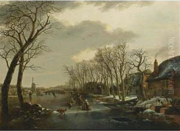 A Winter Landscape With A Woman Skating Behind A Sledge, A Girl Skating With A Chair, And Other Figures Skating And A Dog On A Frozen Canal Near A Village With A Mill Beyond - view 1