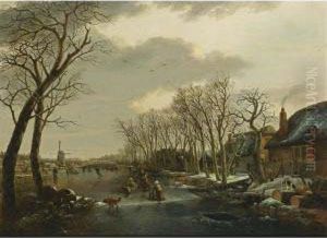 A Winter Landscape With A Woman Skating Behind A Sledge, A Girl Skating With A Chair, And Other Figures Skating And A Dog On A Frozen Canal Near A Village With A Mill Beyond by Arnoldus Van Well Dordrecht