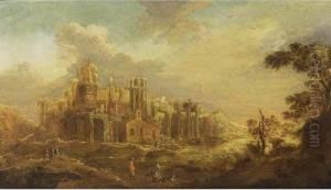 A Classical Landscape With Travellers On A Path Near Antique Ruins