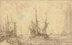 A Seaport With A Man O'war, Figures Along A Pier by Cornelis Claesz van Wieringen