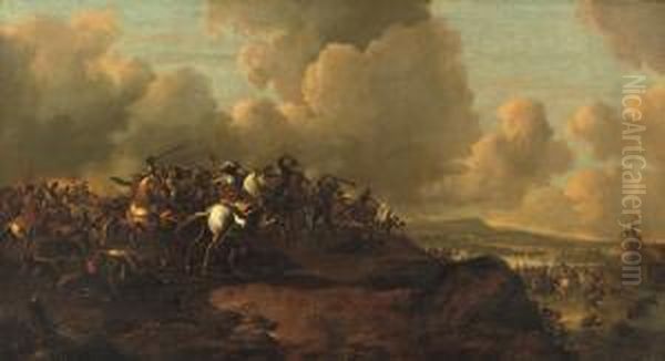A Cavalry Skirmish In An Extensive River Landscape, A Fortress Beyond - view 1