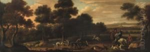 A Hunting Party In A Wooded Landscape