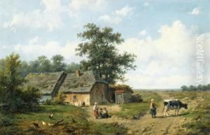 Figures Outside A Cottage On A Sunny Day by Anthonie Jacobus Van Wyngaerts