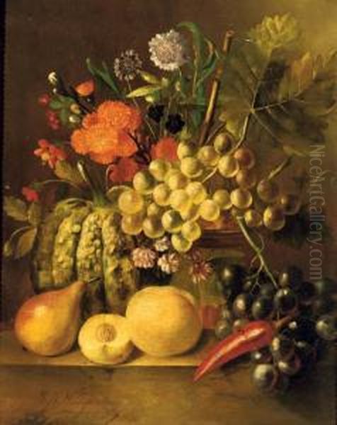 Asters, Poppies And Other Flowers In A Vase, With A Pear, Peaches, White And Black Grapes, A Pumpkin And A Chilipepper On A Stone Ledge - view 1