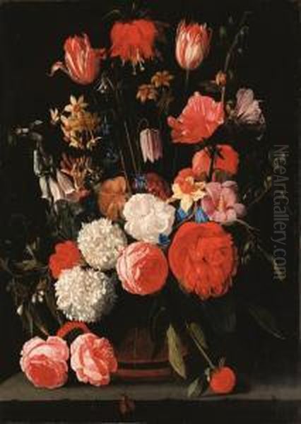 Roses, Parrot Tulips, Narcissi, Dahlias And Other Flowers In A Vaseon A Stone Shelf - view 1