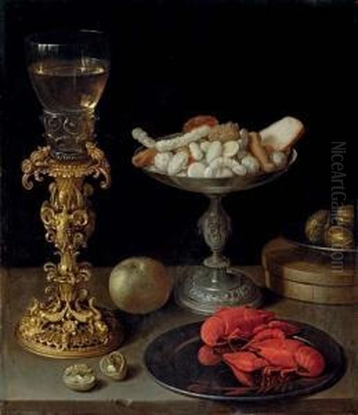 A Roemer On A Silver-gilt Bekerschroef, Sweetmeats In A Silver Tazza, Langoustines On A Plate, Walnuts And An Apple On A Table Top - view 1