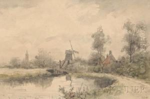 View Of A Polder Landscape With Windmill by Johannes Pieter Van Wisselingh