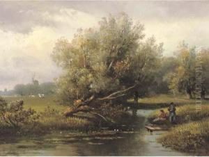 Anglers On A Riverbank by Johannes Pieter Van Wisselingh