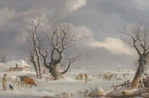 Skaters In A Dutch Winter Landscape by Johannes Pieter Van Wisselingh