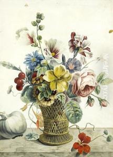 Roses, Carnations, Convolvulus In A Vase On A Marble Ledge - view 1