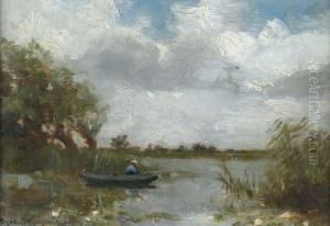 Polderlandschap Met Visser In Eenbootje