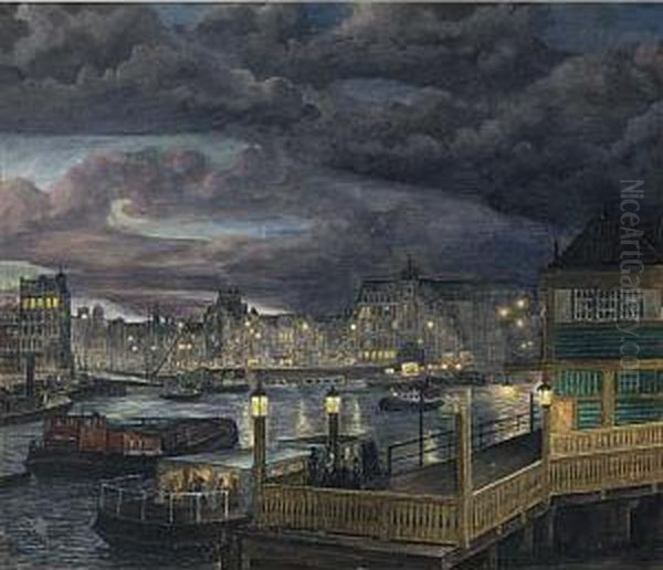 A View Of The Damrak, Amsterdam By Night - view 1