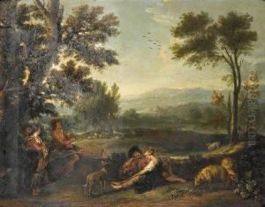 A Landscape With Shepherds And Shepherdesses Resting Beneath A Tree by Jan Thomas Van Yperen