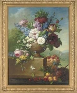 Tulips, Peonies, Roses And Other Flowers In An Urn, An Extensive Landscape Beyond by Jan Thomas Van Yperen
