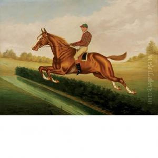 Bourke Cochran With Jockey Up Taking A Hedge At Saratoga - view 1