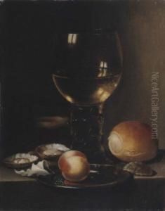 Stil Life Of A Peach On A Pewter Plate by Jan Hendricksz Van Zuylen