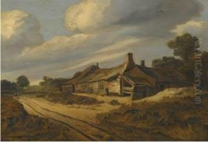 Two Figures Passing Along A Road Before A Group Of Cottages by Cornelis van Zwieten