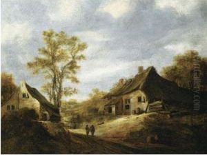 A Dune Landscape With Figures Conversing On A Path Near Farmhouses by Cornelis van Zwieten