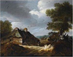 A Dune Landscape With Travellers And A Horse-drawn Cart On A Path Near A Farmhouse by Cornelis van Zwieten