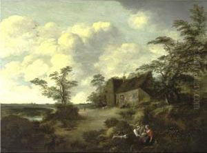 Figures Gathered Outside A Cottage In An Extensive Landscape by Cornelis van Zwieten