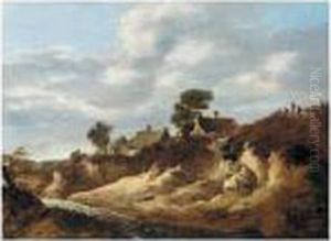 A Dune Landscape With Figures On The Brow Of A Hill Near Some Cottages by Cornelis van Zwieten