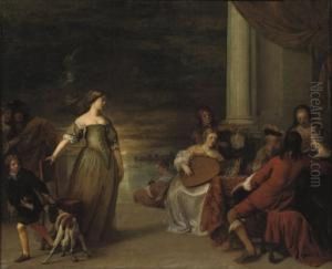 Elegant Company Making Music On A Terrace With A Sunset In The Distance by Gerard Pietersz. Van Zijl