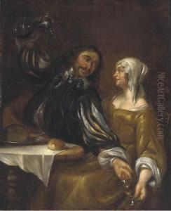A Man Pouring Wine Into A Roemer Held In A Woman's Right Hand