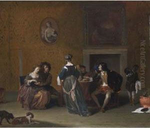 An Elegant Company Courting And Making Music In An Interior, With A Servant Pouring Wine In The Background And Two Dogs In The Foreground by Gerard Pietersz. Van Zijl