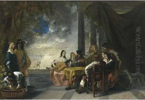 An Elegant Company Making Music On A Terrace At Night, With A Lake Beyond - view 1