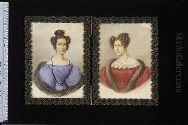 Two Portraits Of Ladies, Possibly Members Of The Fuller Family; One Wears Blue Dress With Black Lace Shawl, A Lorgnette On A Black Ribbon Around Her Neck, Drop Gold Earrings, Her Dark Hair Held With A Tortoiseshell Comb; The Other Wears Red Dress With Lac - view 1